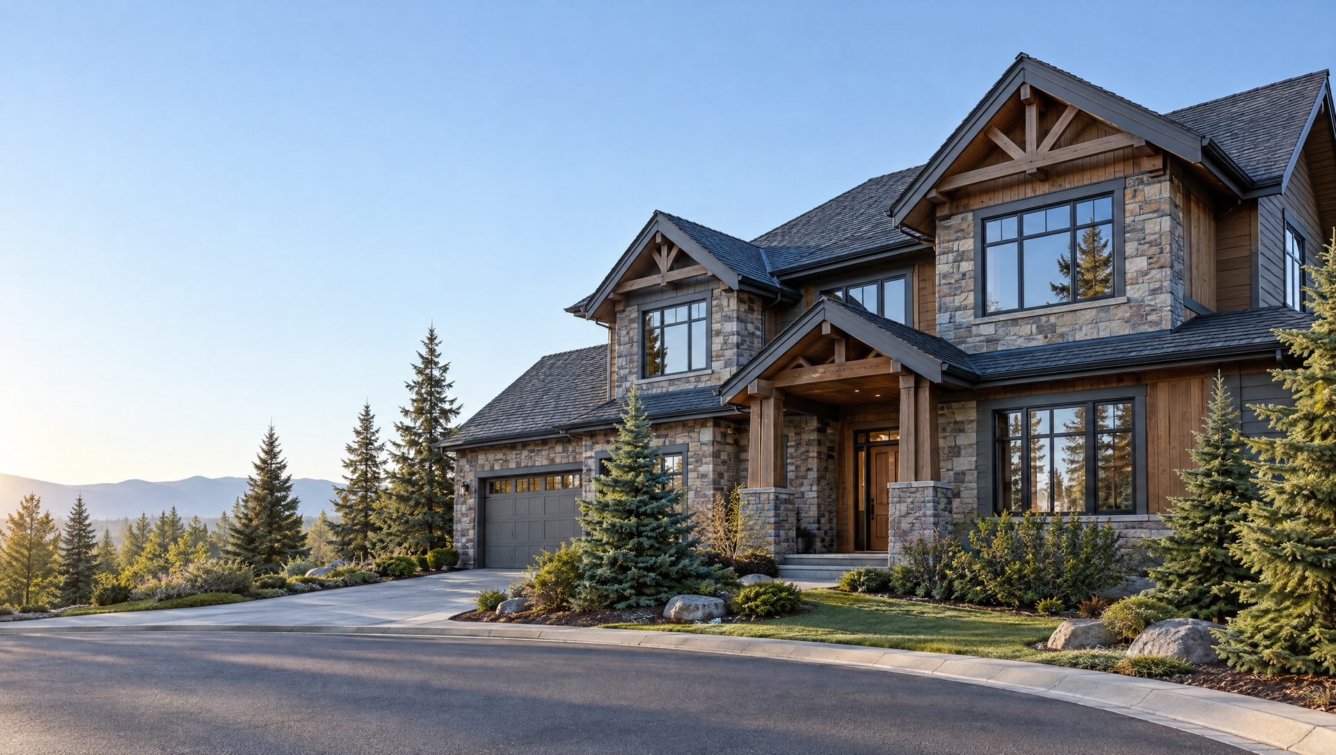 Stone and timber two-story home on a quiet street