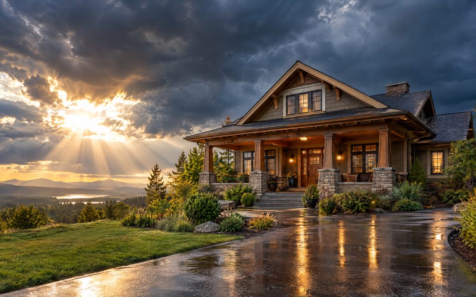 Craftsman home with a stone porch under clearing skies
