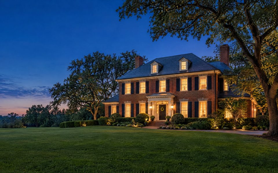 Brick colonial home lit up at dusk